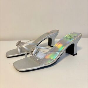 Mootsies Tootsies Clear Slip On Square Toe Block Kitten Heels Silver Womens 7.5